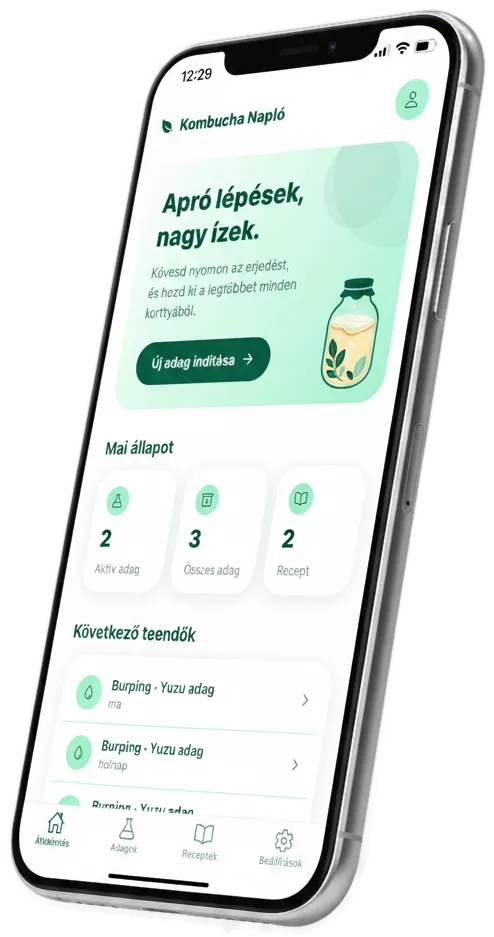 A Kombucha Coach app kezdőképernyője